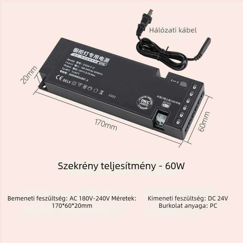 LED szekrény világítás kapcsoló táp, 12V/24V, DuPont csatlakozó, IP20, CE, 99% hatékonyság
