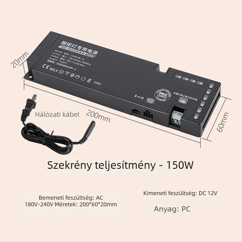 LED szekrény világítás kapcsoló táp, 12V/24V, DuPont csatlakozó, IP20, CE, 99% hatékonyság