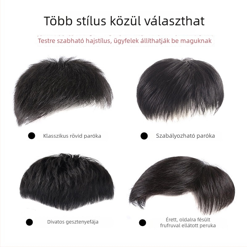 Férfi paróka valós emberi hajból, kézzel szőtt, rövid hosszúságú, festhető, kopaszodást fed