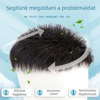 Férfi rövid hajú paróka valódi hajból, varrat nélküli, láthatatlan, elegáns megjelenés, koronán növeli a volument