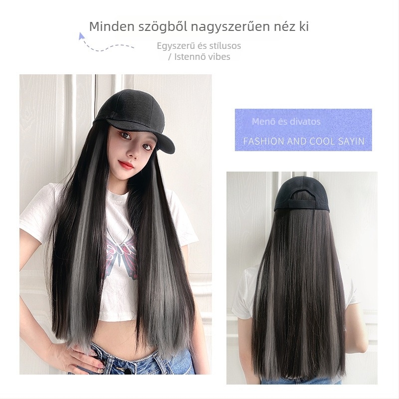 Hosszú, egyenes paróka beépített sapkával, gradient színű fekete, természetes megjelenés, teljes fejfedés, hőálló műszál