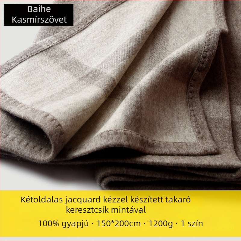 Gyapjú pléd, kétoldalas jacquard, keresztcsíkos minta, 1000–1499 g, egész éves használatra