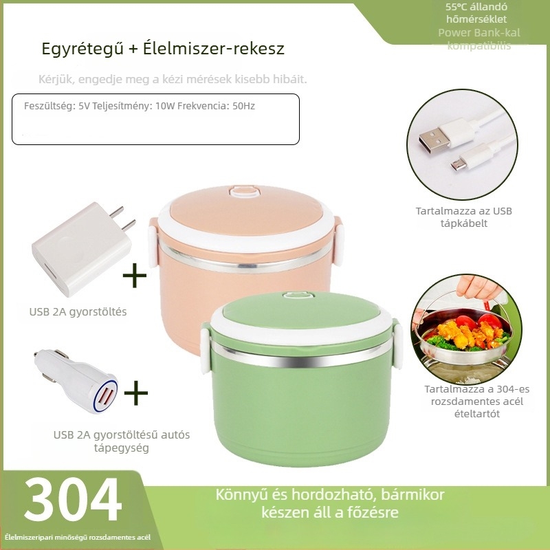 Renel 304 rozsdamentes acélból készült szigetelt ebédes doboz USB-fűtéssel, autóval kompatibilis, hordozható diákok és iroda számára