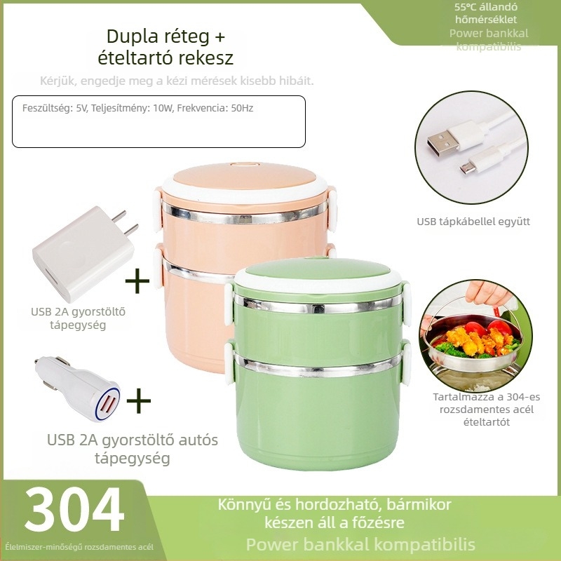 Renel 304 rozsdamentes acélból készült szigetelt ebédes doboz USB-fűtéssel, autóval kompatibilis, hordozható diákok és iroda számára