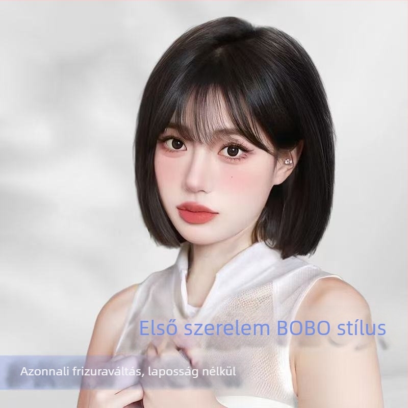 Női paróka valódi emberi hajból, Bob stílus, koreai stílus, kézzel készített, Qi frufruval