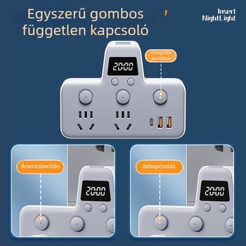 USB-portos elosztó éjjeli fényével, független kapcsolóval és idő kijelzővel, 10A, 220–250V