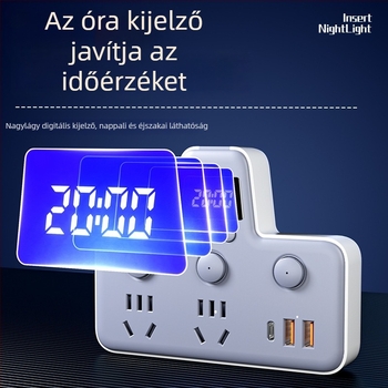 USB-portos elosztó éjjeli fényével, független kapcsolóval és idő kijelzővel, 10A, 220–250V