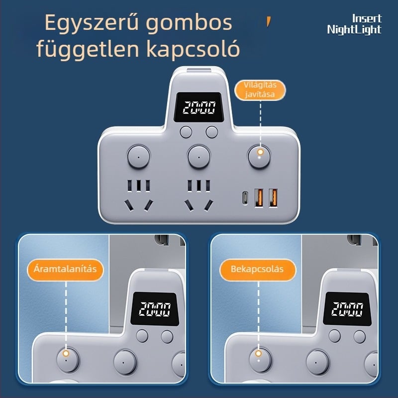 USB-portos elosztó éjjeli fényével, független kapcsolóval és idő kijelzővel, 10A, 220–250V
