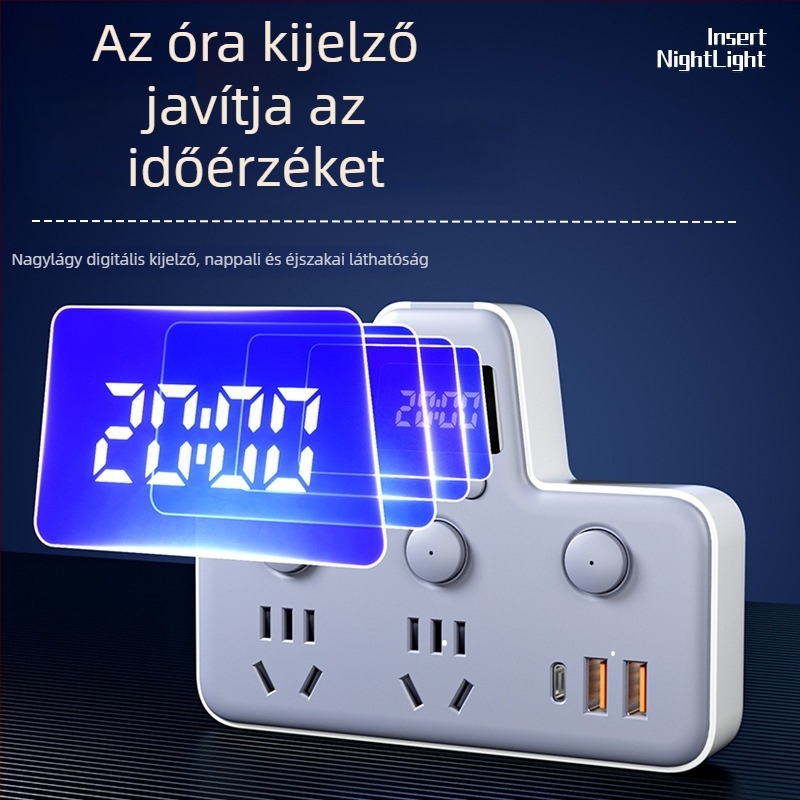 USB-portos elosztó éjjeli fényével, független kapcsolóval és idő kijelzővel, 10A, 220–250V