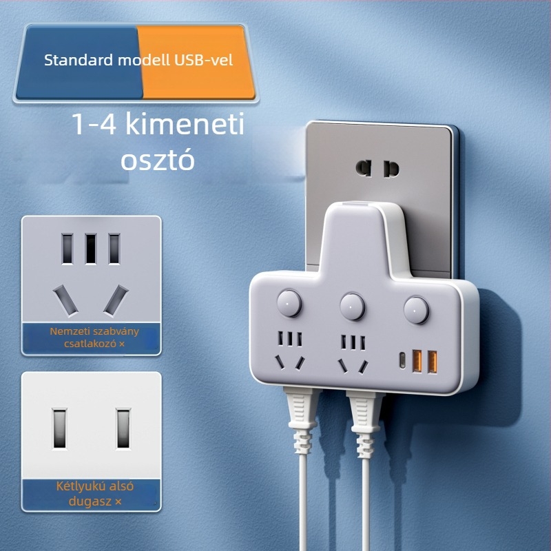 USB-portos elosztó éjjeli fényével, független kapcsolóval és idő kijelzővel, 10A, 220–250V
