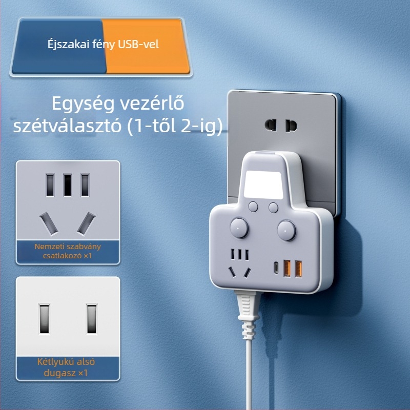 USB-portos elosztó éjjeli fényével, független kapcsolóval és idő kijelzővel, 10A, 220–250V