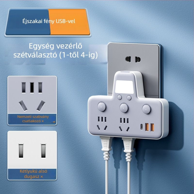 USB-portos elosztó éjjeli fényével, független kapcsolóval és idő kijelzővel, 10A, 220–250V
