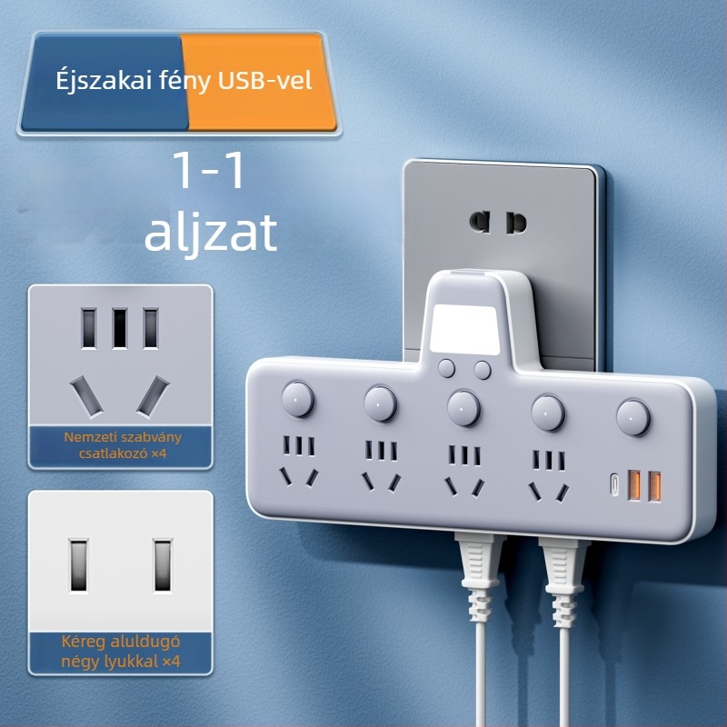 USB-portos elosztó éjjeli fényével, független kapcsolóval és idő kijelzővel, 10A, 220–250V