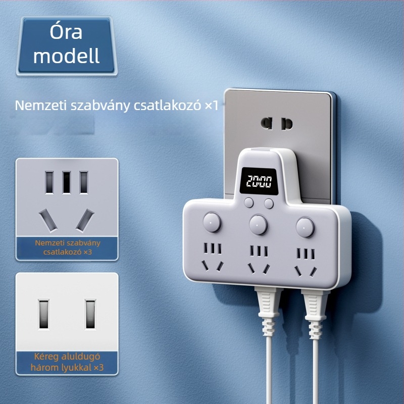 USB-portos elosztó éjjeli fényével, független kapcsolóval és idő kijelzővel, 10A, 220–250V