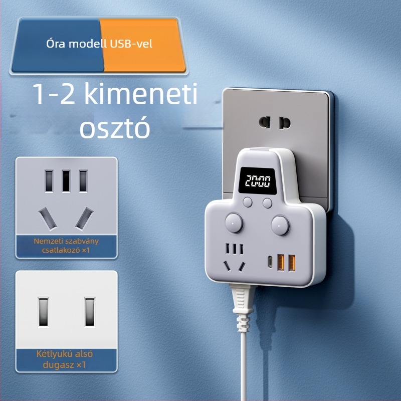 USB-portos elosztó éjjeli fényével, független kapcsolóval és idő kijelzővel, 10A, 220–250V