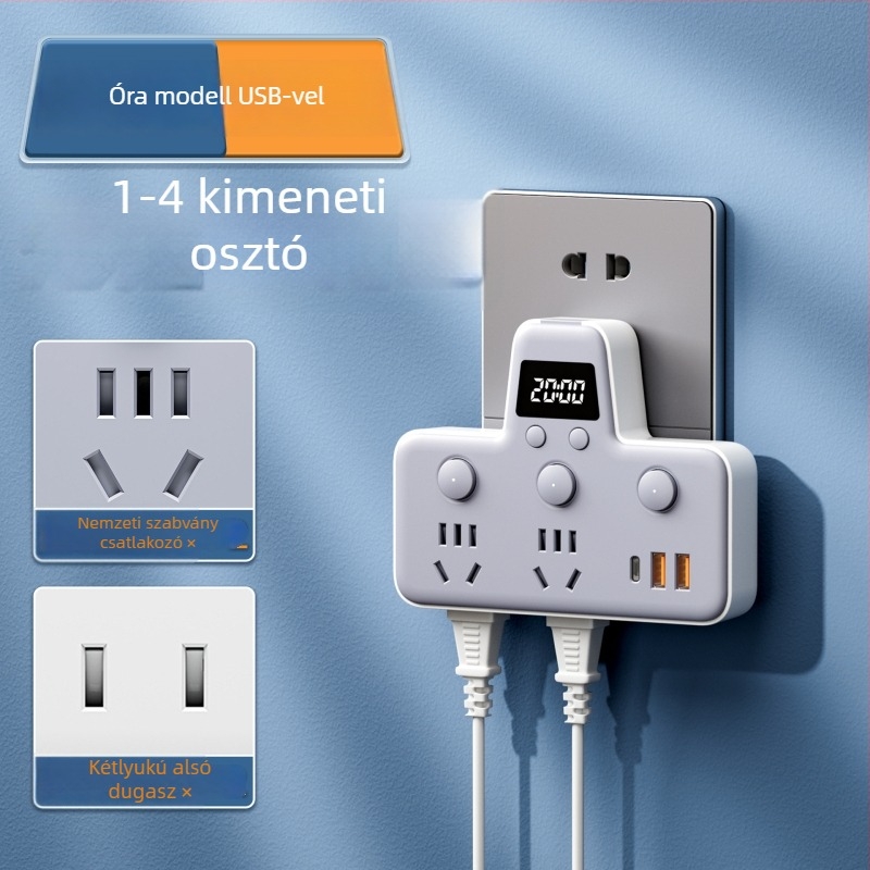 USB-portos elosztó éjjeli fényével, független kapcsolóval és idő kijelzővel, 10A, 220–250V