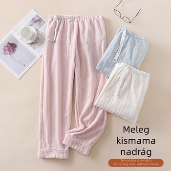 Kismama és posztpartum flanel nadrág otthonra, has támasztással, ősz-téli vast flanel, lazán szabott, hosszú