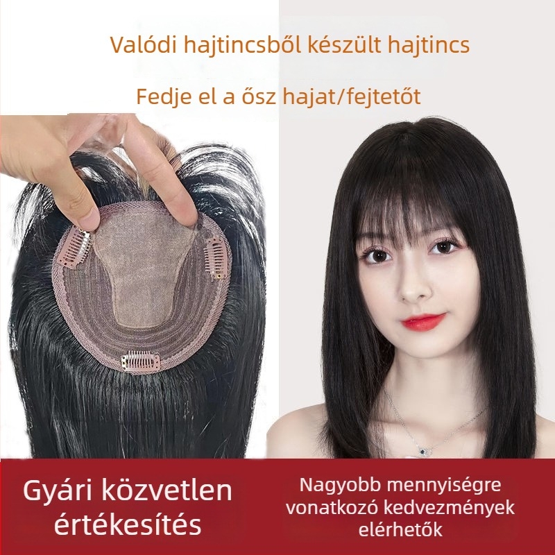 Emberi hajból készült felső paróka része, francia frufruval, T-formájú sapkás kivitel, egy darab, hosszú egyenes haj, 20–40 cm