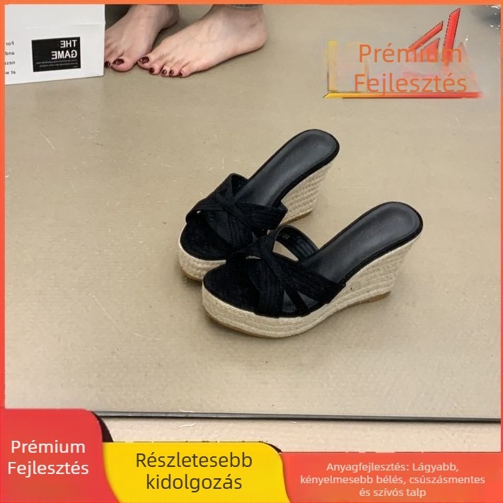 Női szalmából készült szandál, retro stílus, PU felsőrész, gumi talp, talp vastagsága 0–3 cm