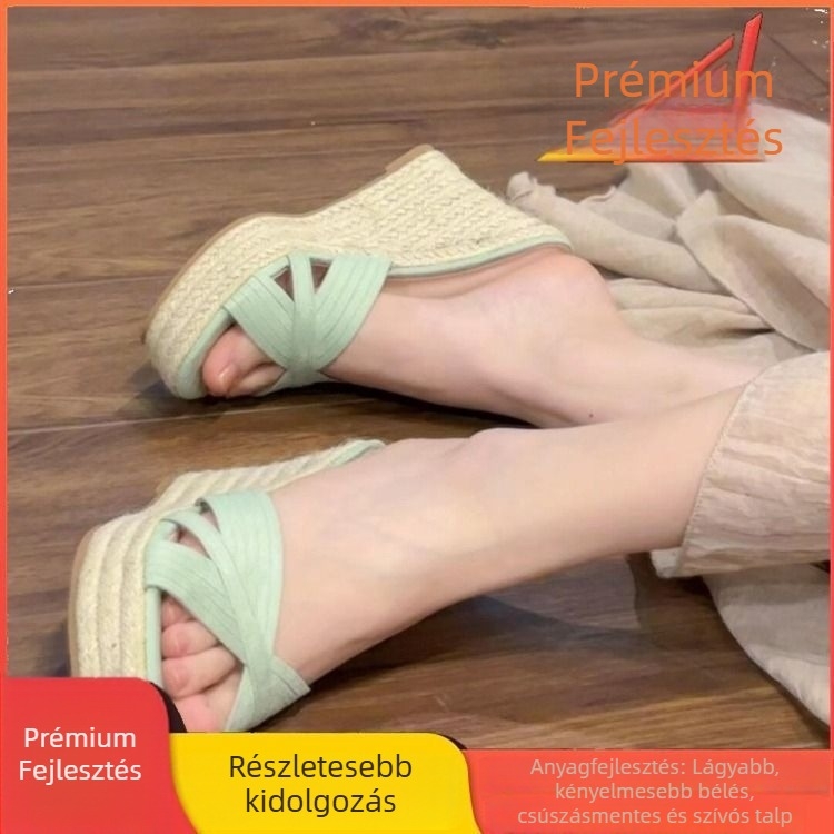 Női szalmából készült szandál, retro stílus, PU felsőrész, gumi talp, talp vastagsága 0–3 cm