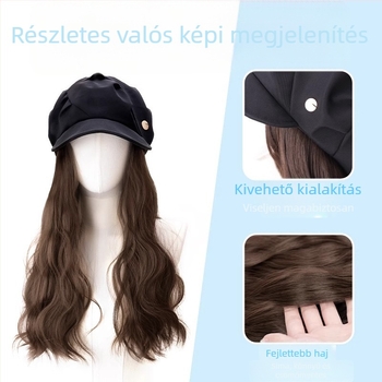 Női beret-paróka – mindent egyben, hosszú hullámos göndör haj, hőálló szálak, levehető felhő sapka, természetes megjelenés