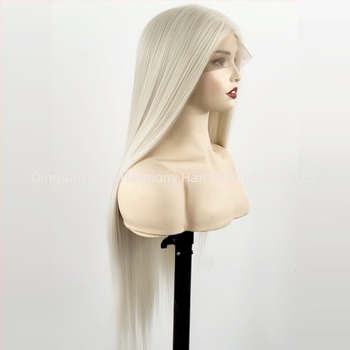 Krémfehér hosszú, egyenes paróka, lace-front 13×4, kézi horgolású elülső rész, szintetikus, hőálló szál