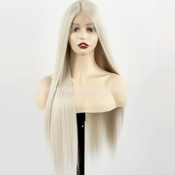 Krémfehér hosszú, egyenes paróka, lace-front 13×4, kézi horgolású elülső rész, szintetikus, hőálló szál