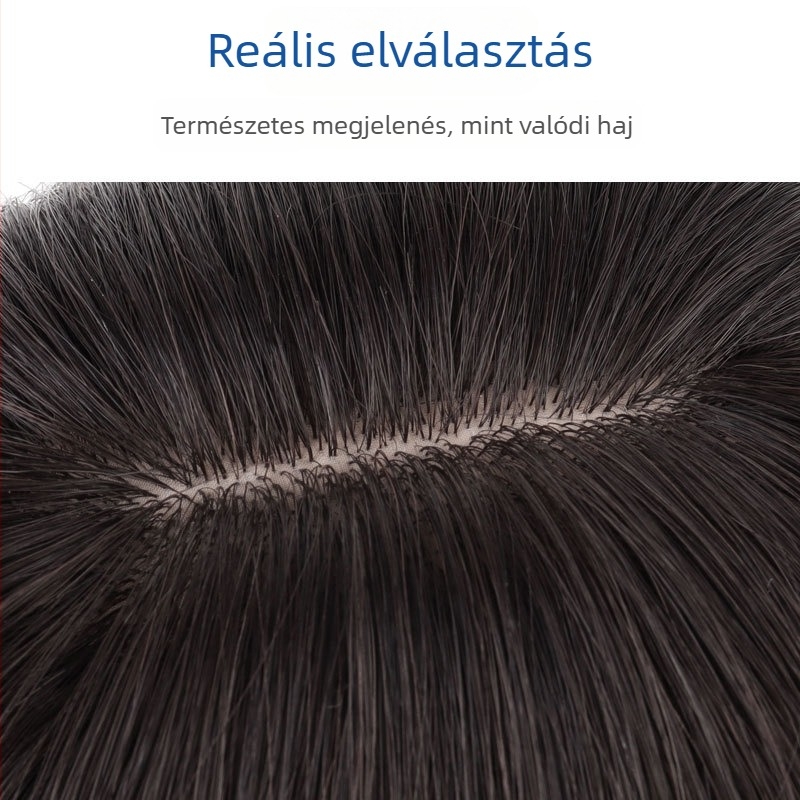Valós emberi hajból készült hajrész a fejtetőre, egyenes, frufruval; elfedi az őszülő hajat és növeli a volumenet; mechanikus konstrukció; festhető és permelhető