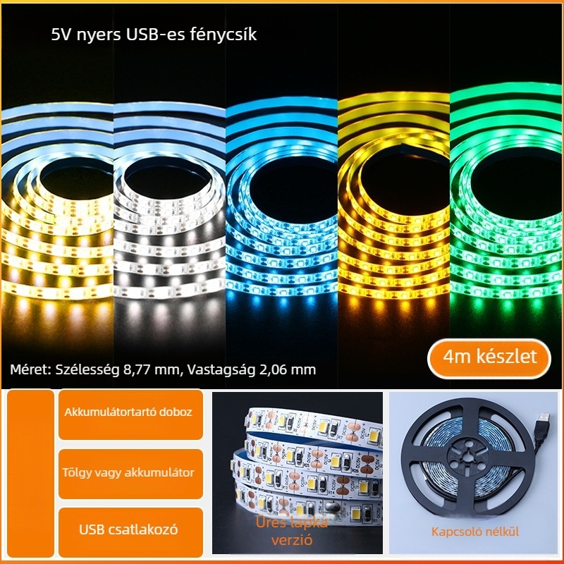 Öntapadós hátoldallal rendelkező monokróm LED-sáv, USB 5V-ellátás, 60 LED (2835), 5W, dimmer nélkül, TV háttérvilágítás