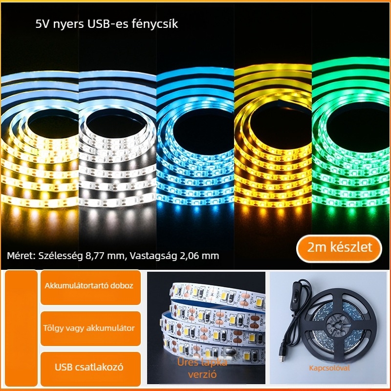 Öntapadós hátoldallal rendelkező monokróm LED-sáv, USB 5V-ellátás, 60 LED (2835), 5W, dimmer nélkül, TV háttérvilágítás