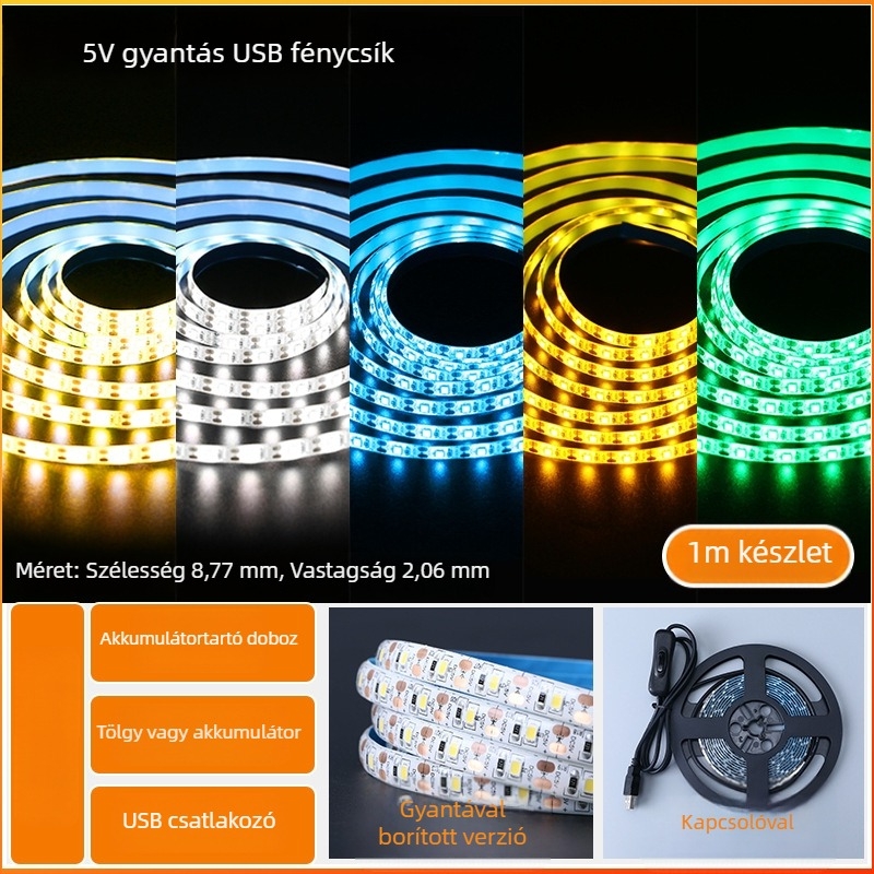 Öntapadós hátoldallal rendelkező monokróm LED-sáv, USB 5V-ellátás, 60 LED (2835), 5W, dimmer nélkül, TV háttérvilágítás