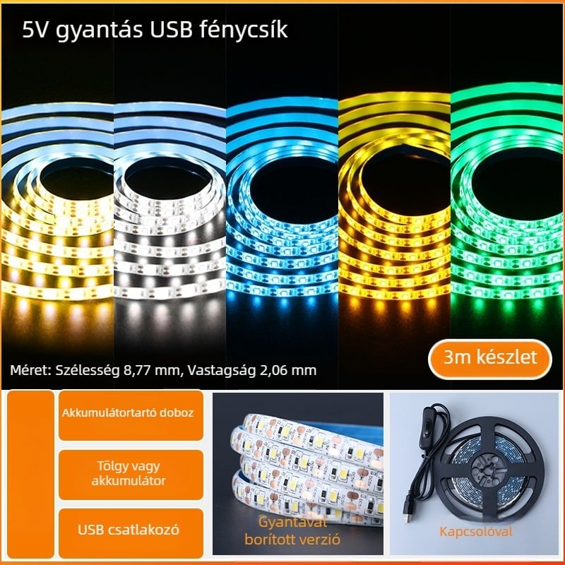 Öntapadós hátoldallal rendelkező monokróm LED-sáv, USB 5V-ellátás, 60 LED (2835), 5W, dimmer nélkül, TV háttérvilágítás