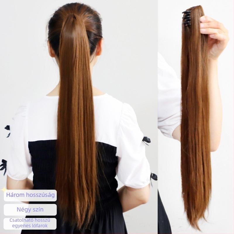 Grip Straight Ponytail paróka — hosszú egyenes lófarok, hőálló szálak, könnyű viselni, nem alkalmas festésre vagy formázásra.