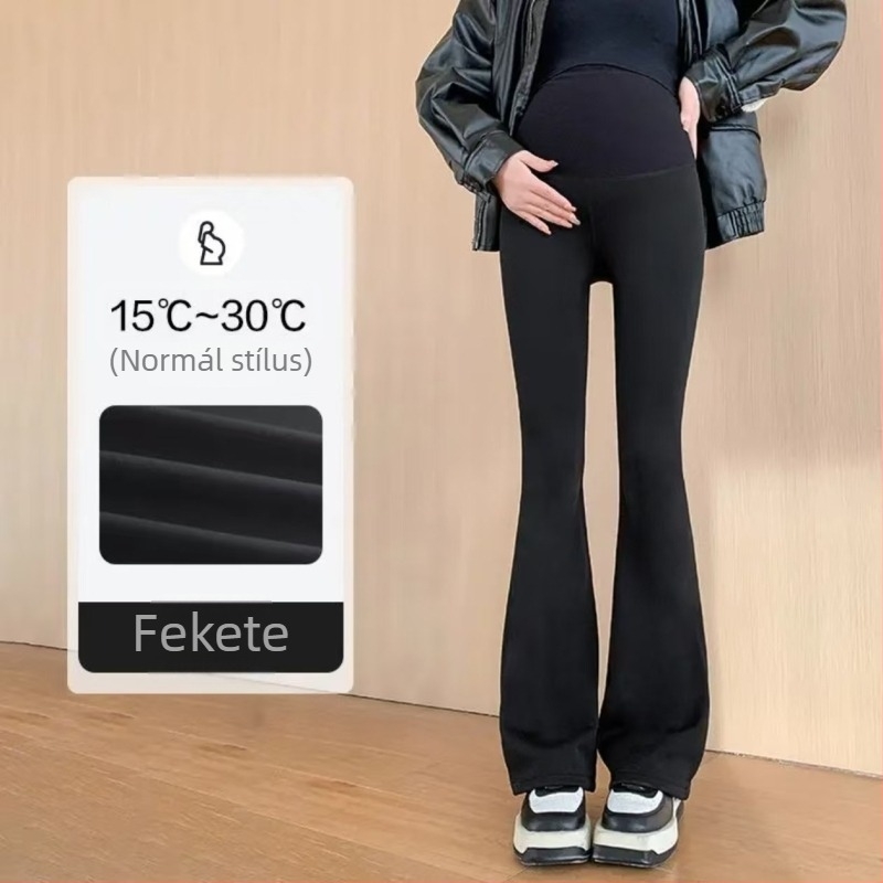 Kismama nadrágok fekete, enyhén bő szabás, fleece béléssel, tavasz–őszre, téli 2025 modell