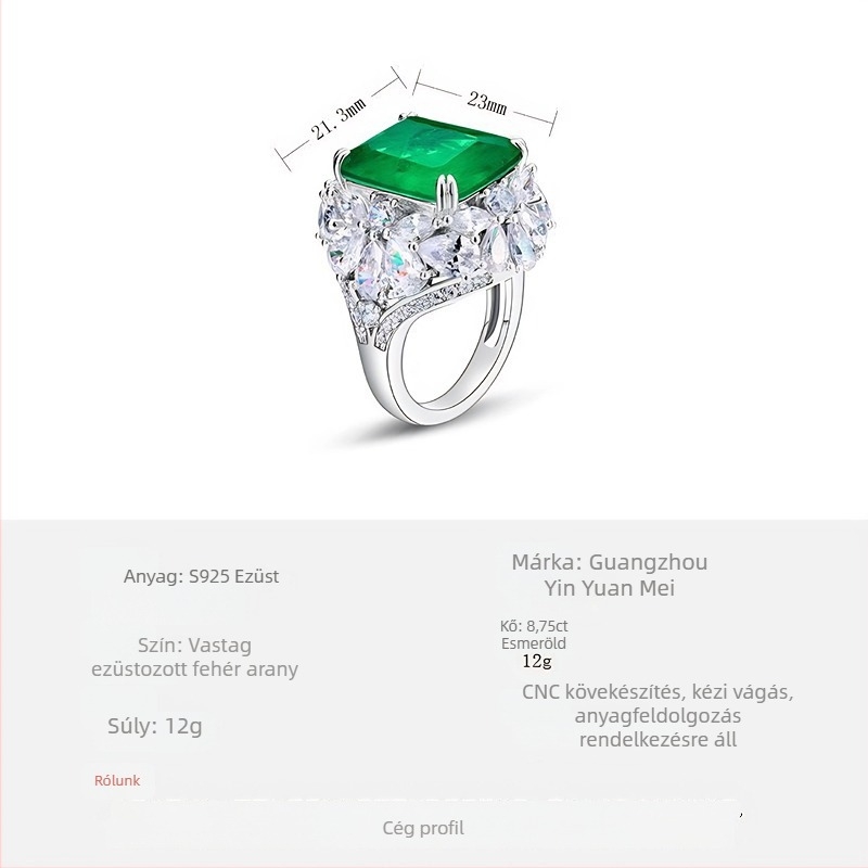 925-ös Sterling ezüst gyűrű, geometrikus négyszög alakú, gyémánttal kirakott, cabochon emerald, eredeti dizájn