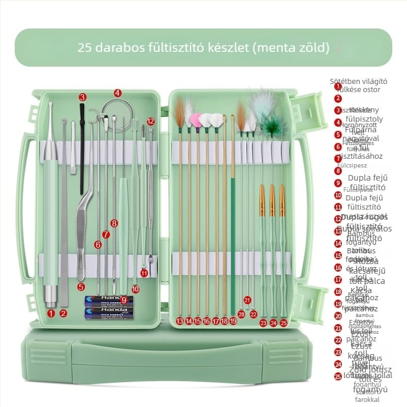 Gyerekeknek szóló fénylő fültisztító kanál készlet nagyítóval, anyagok: rozsdamentes acél, műanyag és bambusz; 100 darab; logóval ellátva