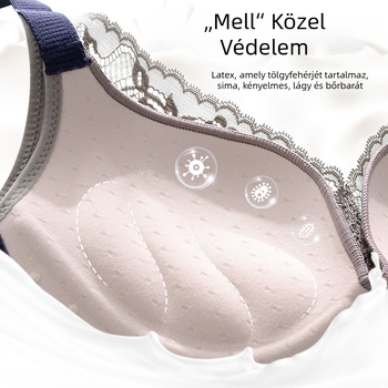 Csipkés vezeték nélküli melltartó, 3/4 kosár, felső vékony és alsó vastag formázott kosár, fix dupla vállpántok, hátul négy soros zár