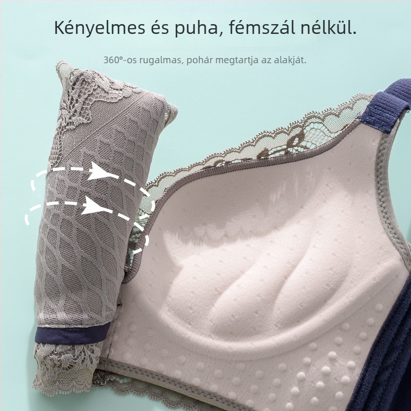 Csipkés vezeték nélküli melltartó, 3/4 kosár, felső vékony és alsó vastag formázott kosár, fix dupla vállpántok, hátul négy soros zár