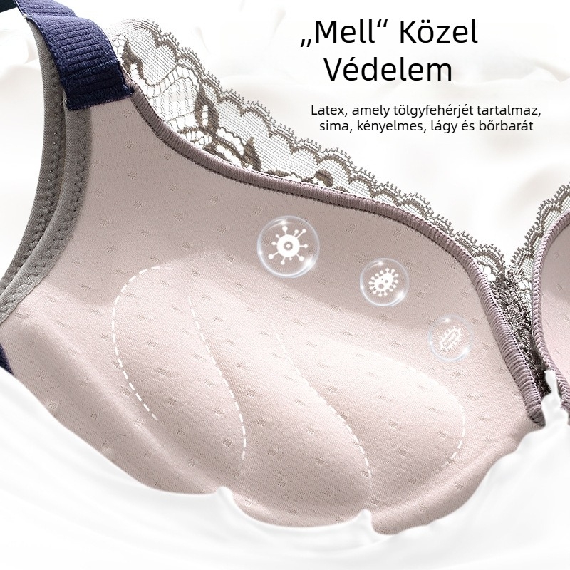 Csipkés vezeték nélküli melltartó, 3/4 kosár, felső vékony és alsó vastag formázott kosár, fix dupla vállpántok, hátul négy soros zár