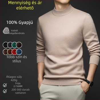 Férfi pulóver 100% gyapjúból, fél magas gallérrel, vastag kötött, egyszínű, 420 g