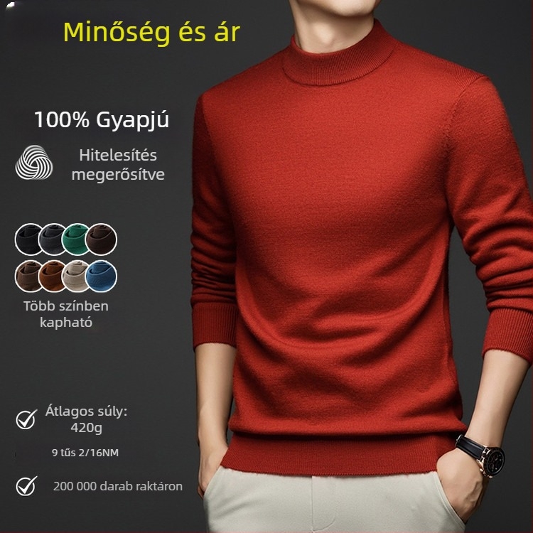 Férfi pulóver 100% gyapjúból, fél magas gallérrel, vastag kötött, egyszínű, 420 g
