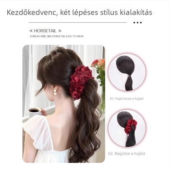Rózsaszín virág díszítésű póthaj, csipeszes rögzítés, magas konty, Gripper stílus, hőálló rostok
