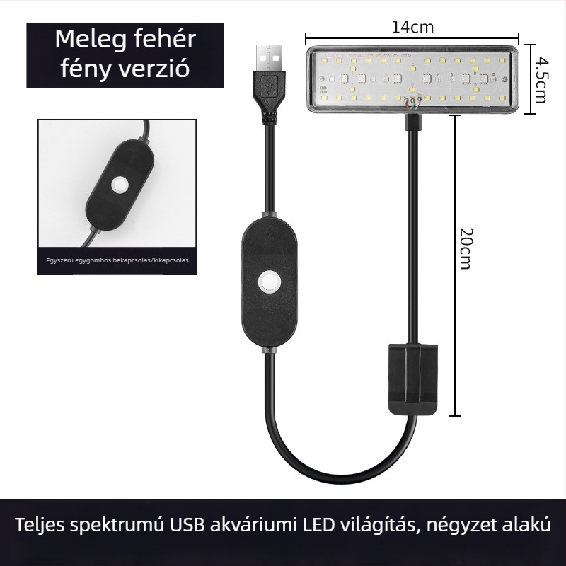 USB akváriumi LED lámpa időzítővel és ciklussal, csíptetős világítás vízinövényeknek és algáknak, több színű kapcsoló, teknőslámpa