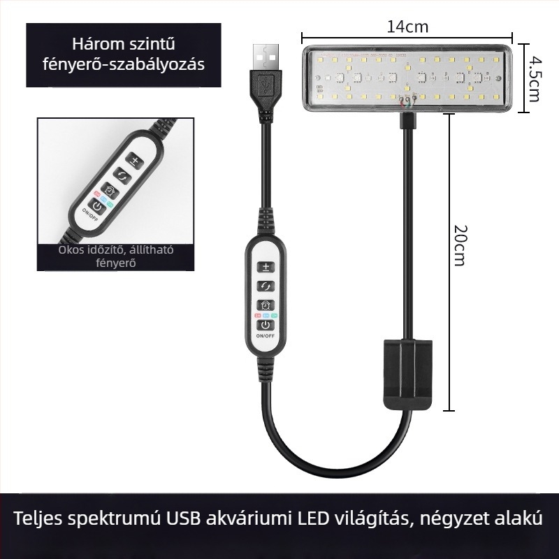 USB akváriumi LED lámpa időzítővel és ciklussal, csíptetős világítás vízinövényeknek és algáknak, több színű kapcsoló, teknőslámpa