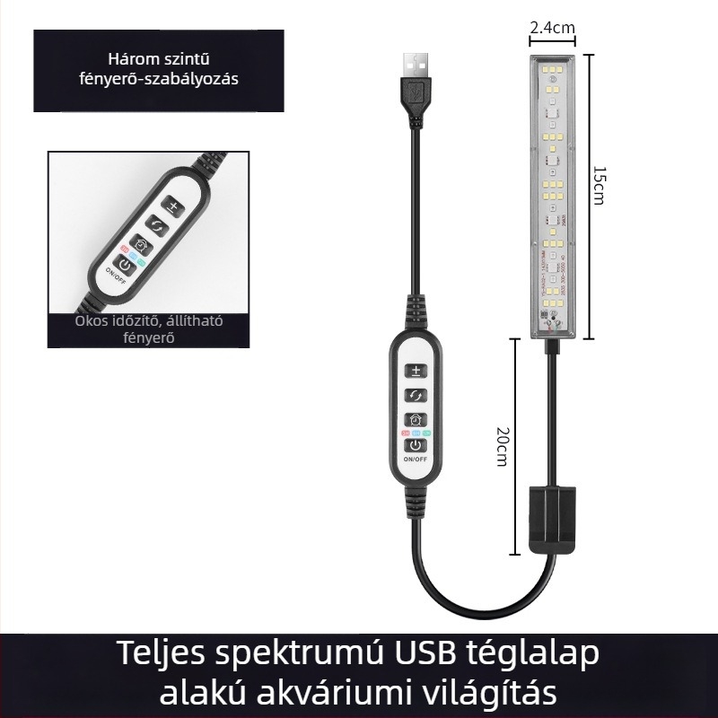 USB akváriumi LED lámpa időzítővel és ciklussal, csíptetős világítás vízinövényeknek és algáknak, több színű kapcsoló, teknőslámpa