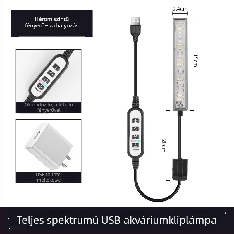 USB akváriumi LED lámpa időzítővel és ciklussal, csíptetős világítás vízinövényeknek és algáknak, több színű kapcsoló, teknőslámpa