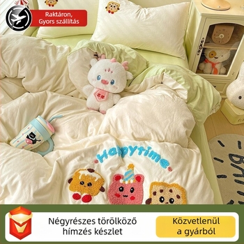 2025-ös új aranyos cartoon motívumokkal, mosott pamut ágyneműkészlet, 4 részes