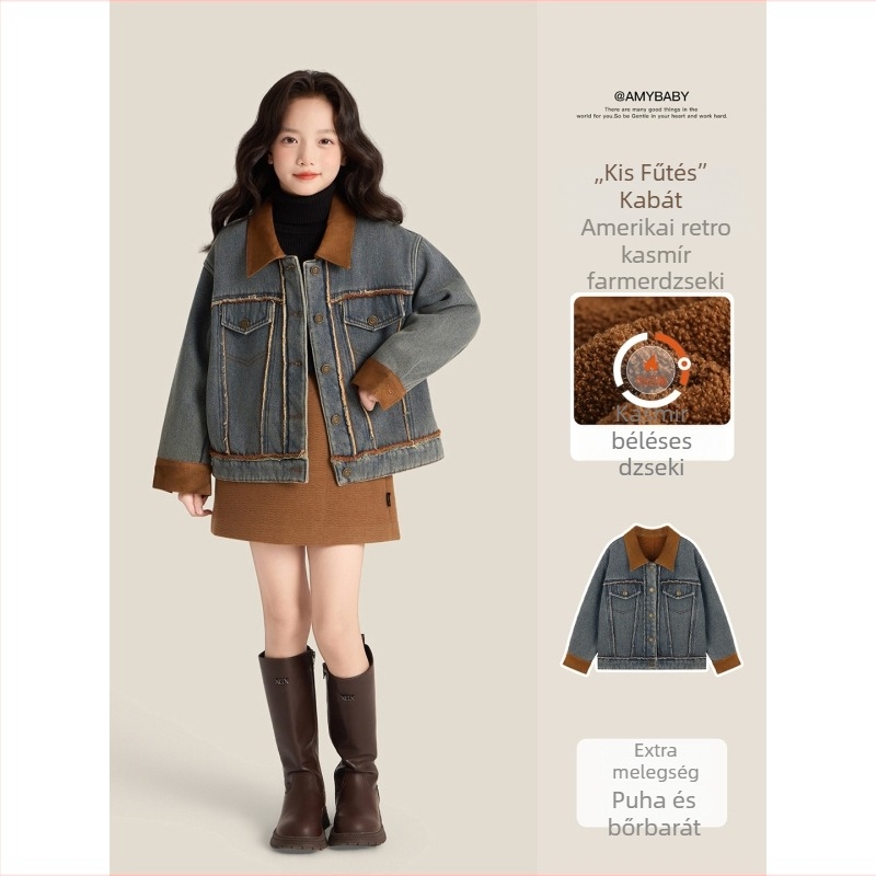 Amybaby lányoknak szóló farmer dzseki fleece béléssel, rever gallérral, téli 2025, amerikai retro színblokkal
