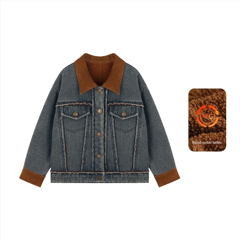 Amybaby lányoknak szóló farmer dzseki fleece béléssel, rever gallérral, téli 2025, amerikai retro színblokkal