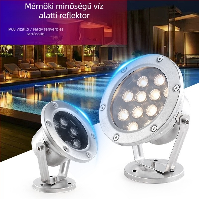 Medencékhez való LED alatti világítás – Színes, vízálló LED‑reflektor, 12V/24V, 18 LED, 3000K, IP68, rozsdamentes acél burkolat, 30° fénycsóva, tavak és szökőkút világítása